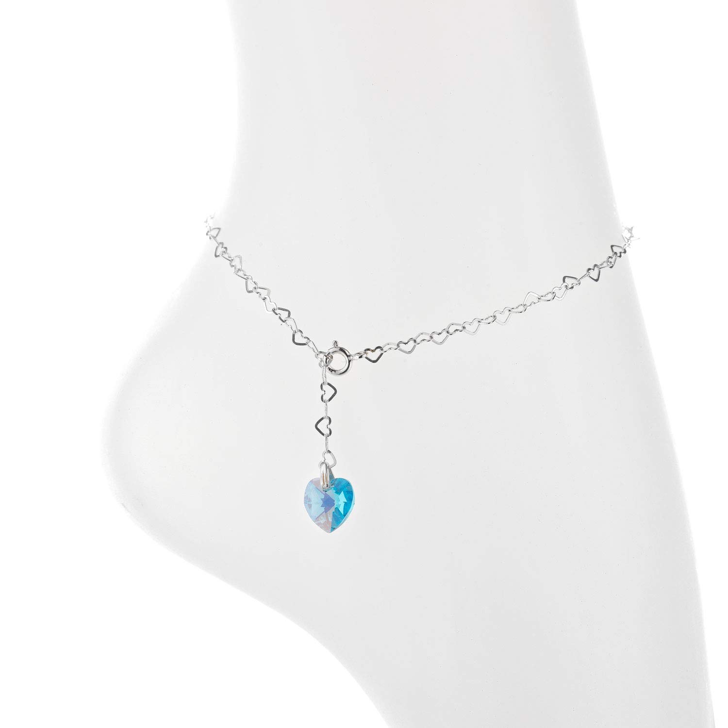 Cavigliera XL 32 cm in argento Sterling 925 da donna con ciondolo a forma di cuore Swarovski Elements, regolabile individualmente, per donne e ragazze.