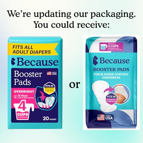 Image of Because Overnight Booster Pads Fit All Adult Diapers, Helps Keep Your Adult Diaper Active All Night, Adds 4 Cups to Incontinence Underwear, Extra Absorbency, 22 Count (Packaging May Vary)