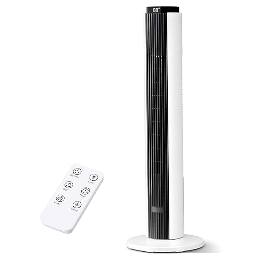 Antarctic Star 37-Inch Bladeless Portable Tower Fan 80°Oscillating,Quiet Cooling with 12H Timer Remote Control, 6 Speed, 4 Modes, LED Display,Standing Fan Powerful for Bedroom Office Dorm,Black White