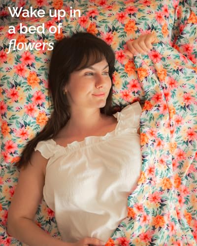 Image of Queen 4 Piece Floral Sheet Set - Breathable & Cooling - Sunset Hibiscus | 1 Flat, 1 Fitted & 2 Pillowcases w / Deep Pockets, Boho Botanical Floral Bedding, Breathable & Cooling, Wrinkle & Fade Free