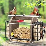 Kingsyard Hopper Bird Feeder for Outdoors Hanging, Recycled Plastic Double Suet Feeder with Clear View Windows, 3 LBS Seed, Cardinal Woodpecker Bluebird Feeder, Brown