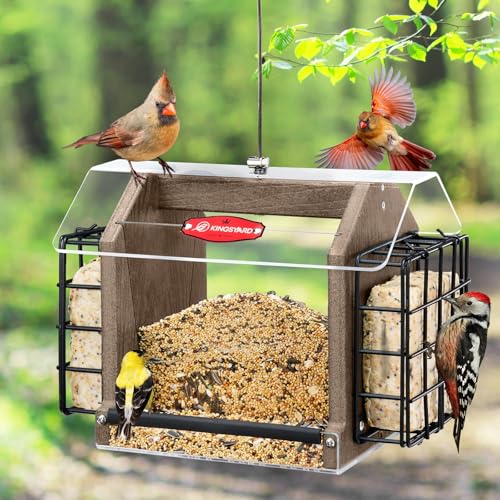 Kingsyard Hopper Bird Feeder for Outdoors Hanging, Recycled Plastic Double Suet Feeder with Clear View Windows, 3 LBS Seed, Cardinal Woodpecker Bluebird Feeder, Brown