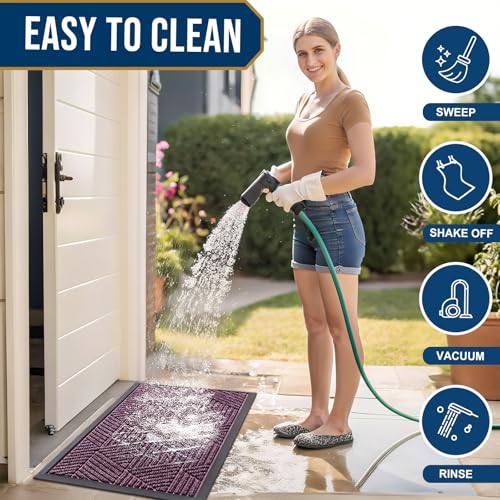 Image of Smiry Front Door Mat Outside Entrance, Heavy Duty Sturdy Natural Rubber Doormat, Trap Dirt and Moisture, Easy Clean Low Profile Mats for Indoor Outdoor Entry, Irregular Triangle (47x32, Purple)