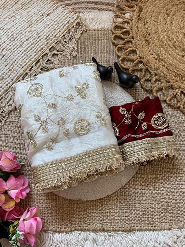 Image of 'Women's Space Sattin Bits Sequence Work Saree With Contrast Running Blouse | Embroidered Work Saree with Golden Floral Thread Work & Designer Border | Party Wedding Saree