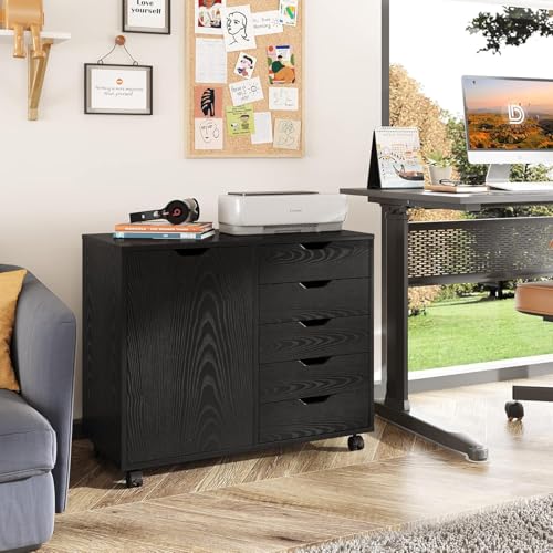 Image of 5-Drawer Wood Drawer Cabinet, Office Storage Cabinet with Adjustable Shelf & Wheels, Printer Stand for Home Office, Black, 15.7 inch D x 30.7 inch W x 25.4 inch H
