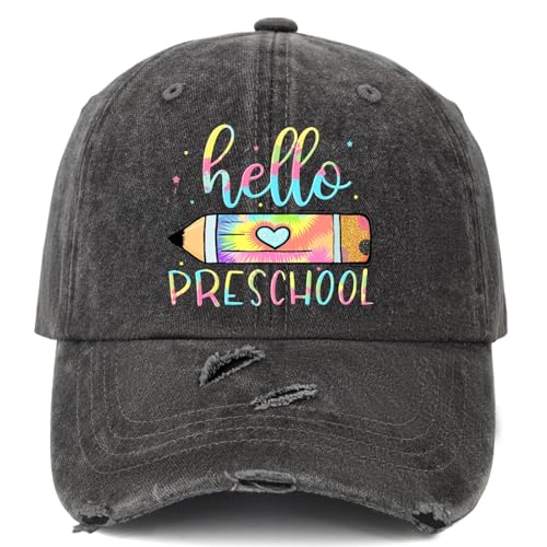 Made in US Hello Preschool Pencil Tie Dye First Day of School Kids Hats for Men Baseball Cap Low Washed Running Hat Light Weight