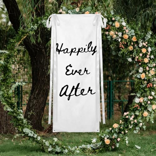 Yousoontic Happily Ever After Linen Rustic Wedding Welcome Banner Plain Ceremony Banner with Satin Ribbon and Retaining Clip for Ceremony Arch Reception Backdrop