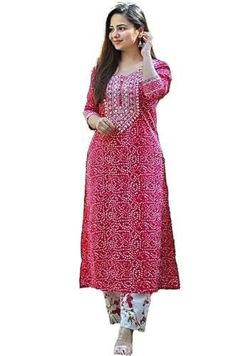 Women's Rayon 3/4 Sleeves Embroidery Gota Work Straight Kurti with Pant
