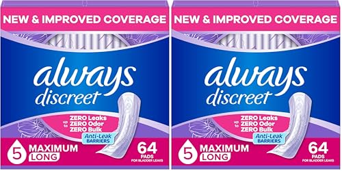 Image of Always Discreet Adult Incontinence Pads for Women, Heavy Absorbency, Long Length, Postpartum Pads, 64 Count (Pack of 2)
