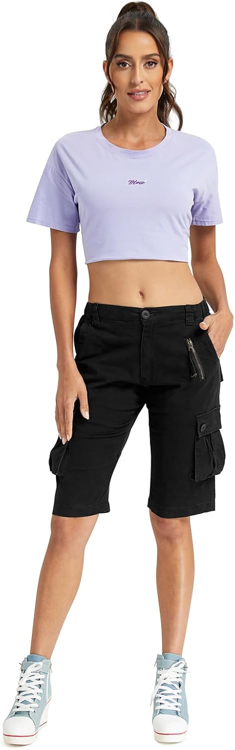Lanesra Women's Cargo Shorts Knee Length Multi Pocket Utility Shorts Casual Bermuda Short for Hiking Work Summer