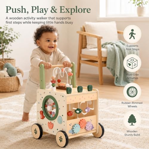 Image of Wooden Baby Push Walker with Activity Center Montessori Toy 12M+ | 6 in 1 bead maze shape sorter Toddler Learning Toy, Adjustable Height & Speed, Sensory hand-on games, Gift for boys & girls