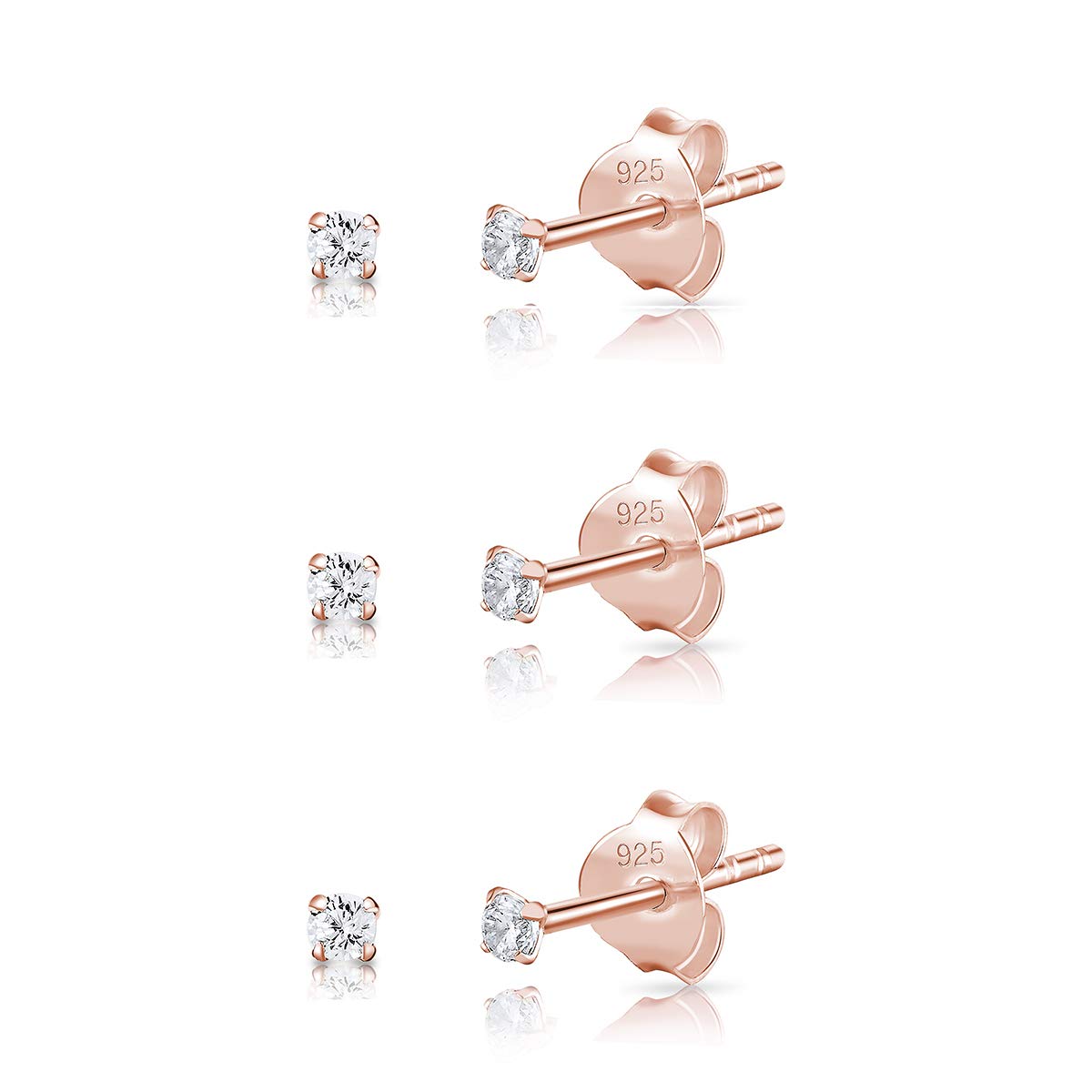 Set of 3 PAIRS of Sterling Silver Studs with Cubic Zirconia Crystal CZ - 24K Gold Plated Earrings - 18K Rose Gold Earrings - Tiny Clear Stud Earring - Diamond Earring for Men and Women 2, 3, 4, 5 mm