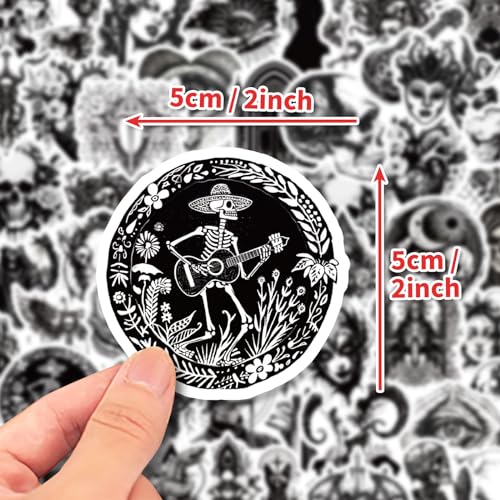 Halloween Skull and Gothic Designs Black and White Sticker Pack, terrifier Horror Scary Spooky Stickers for Laptop,Computer,car,Phone,Skateboard,Water Bottle， 50 pcs