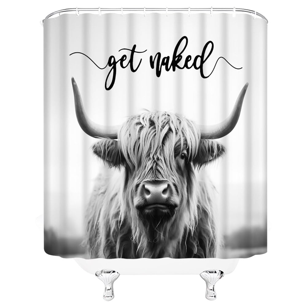 ZWSMZW Highland Cow Shower Curtain Grey Rustic Cattle Bull Western Wild Animal Get Naked Country Farmhouse Funny Cabin Bathroom Decor Fabric Curtains with Hooks - Image 2