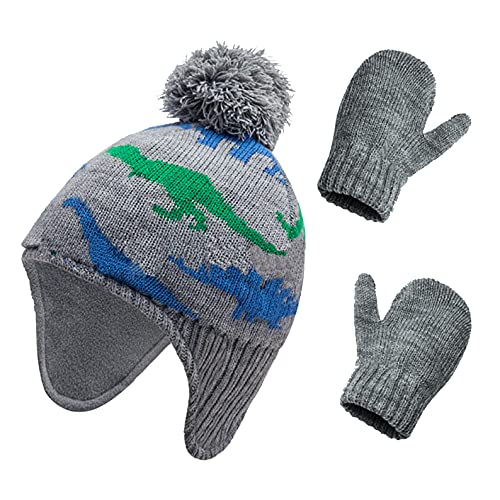 Wintermütze Set Junge Mädchen Mütze Handschuhe Set Fleecefutter Strickmütze Strickhandschuhe Cartoon Dinosaurier Bommelmütze Fäustlinge Kinder Beanie Mütze Fausthandschuhe für Outdoor Sport Skifahren Cover
