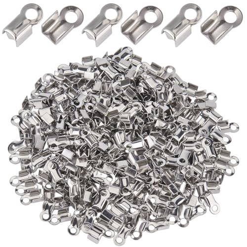 SOFPLATE 1 Box 300Pcs 3mm Fold Over Cord Ends Crimp End Tips Stainless Steel Fold-over End Caps Terminators Crimps Cord Ends jewellery Connector Findings for jewellery Making Supplies DIY Crafts