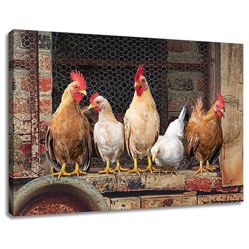 Impression sur toile encadrée avec coq et poule - Décoration murale marron - 61 x 40,6 cm