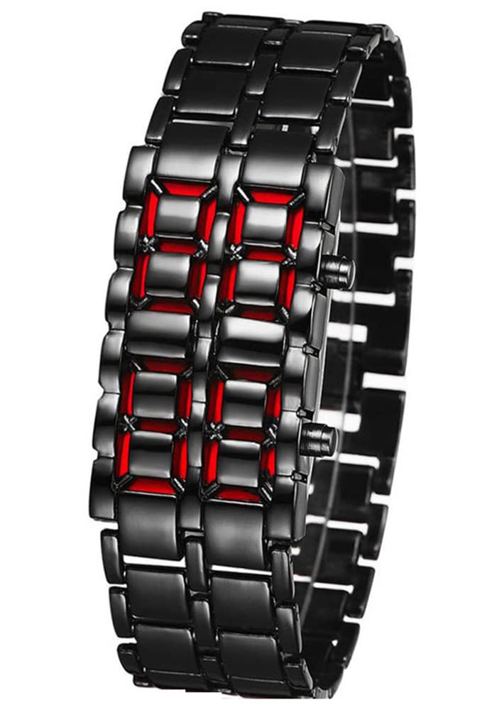 ReginaldClassic Mens Binary Square LED Digital Watch Black Plated Wrist Watches (Black/red)