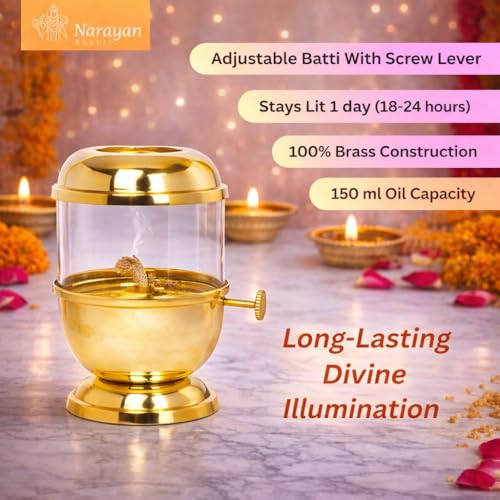 Image of Brass akhand Diya, Medium Size 150ml | 6 Long Wicks Included | with Wick-Lifting Screw Lever & Borosilicate Glass - Long Burning Oil lamp for Pooja | deepam for mandir, Home Temple