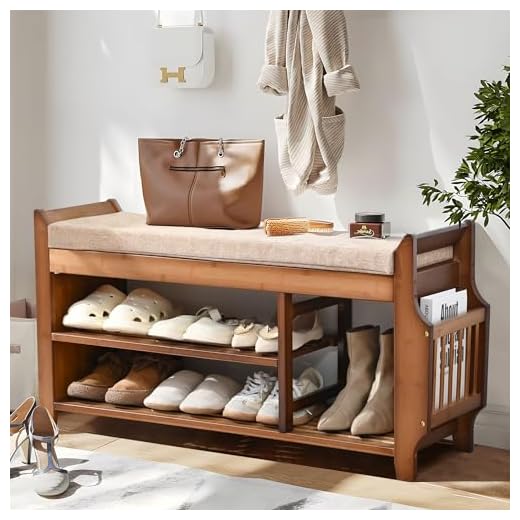 PETKABOO 2 Tier Shoe Bench, Shoe Rack with Hidden Drawer and Side Holder, Shoe Storage Bench Organizer for Entryway Hallway Living Room, Bamboo Material