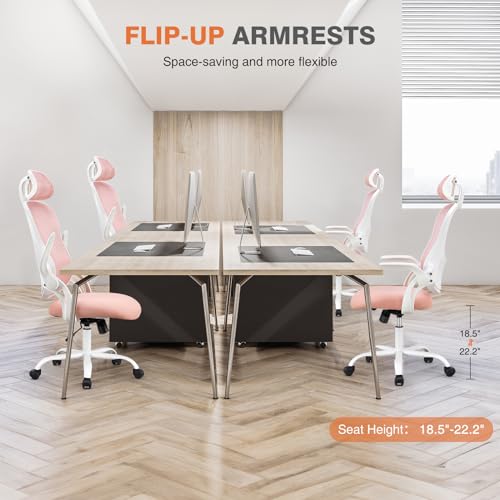 Image of Sweetcrispy Office Computer Desk Chair, Ergonomic High-Back Mesh Rolling Work Chairs with Wheels and Adjustable Headrests, Comfortable Lumbar Support, Comfy Flip-up Arms for Home, Bedroom, Study, Pink