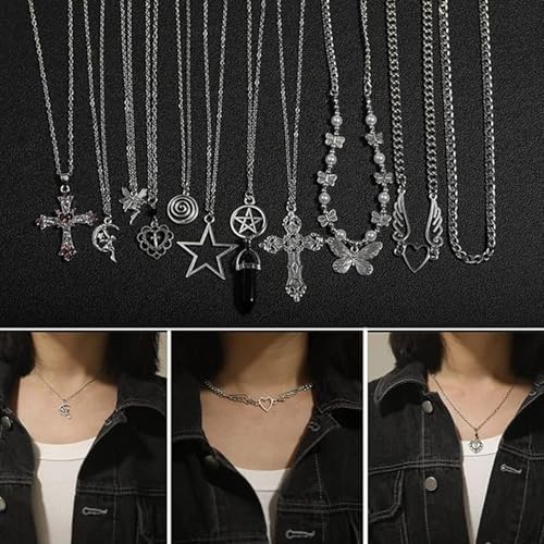 GuoShuang 19pcs Silver y2k necklace for women goth fairy grunge necklace alt cute y2k choker cross bufferfly heart angle jewelry set rings indie fairy grunge accessories2
