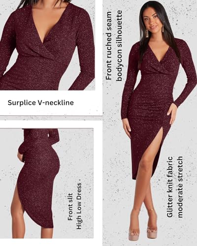Image of ADDYVERO V-Neck Long Sleeve Lurex Gliter Solid Front Slit Front Ruched Seam Bodycon Above Knee Length Women Dress