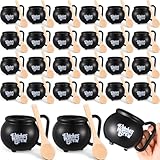 LemonRoad 48 Pcs Halloween Witches Brew Cauldron Mugs with Spoons Sets, 15 oz Plastic Black Cauldron Pot Cups Wooden Spoons Witches Brew Mug for Drinks, Witch Party Favors, St Patricks Day Party Favor