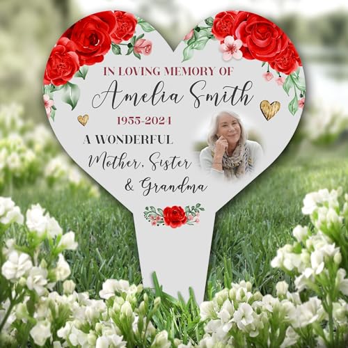 Heart Any Relation Red Roses Grey Photo Remembrance Grave Plaque Memorial Stake |Personalised In Loving Memory Remembrance Memorial Plaque Grave Decoration Marker Garden Ground Stake