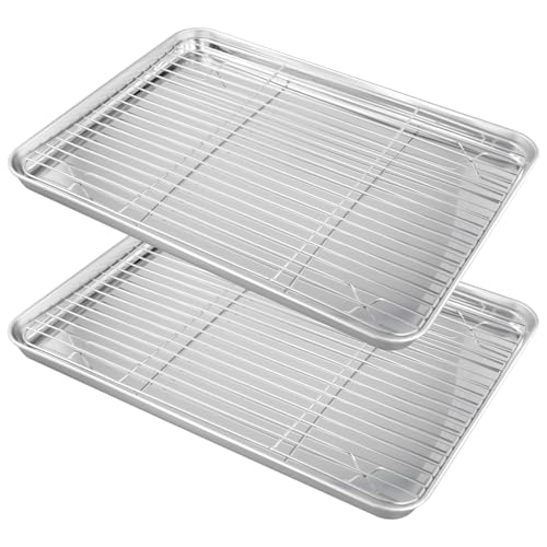 CHUENKUK Lot de 4 Plats à Four Inox Rectangulaires avec Grilles, 40,5x30,5x2,5 cm, 2 Plaques et 2...
