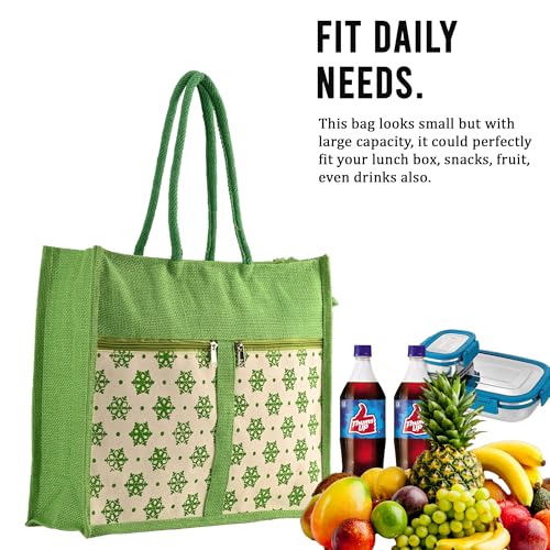 Image of Kuber Industries Multi-purpose Jute Lunch Bags For Office Men /Women | Reusable Grocery Bag with Zip Compartments & Handle | Carry bag For Office Employees | Star Print - Green & White