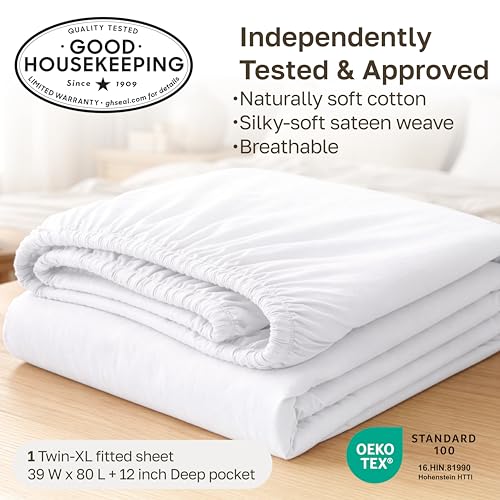 California Design Den Twin XL 30 cm Pocket Fitted Sheet Only, Soft 100% Cotton Sateen, Durable All-Around Elastic, Head/Foot Side Indicators, Extra Long Twin Fitted Sheets (Blue Hydrangea) by California Design Den - Image 3