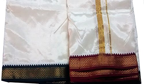 Art Silk Dhoti Vesti Mundu India Ethnic Dress 1" Double Colour Zari Border with Shawl White4