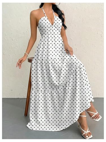 Image of SHENHE Women's Deep V Neck Tie Knot Backless Halter Dress A Line Flowy Ruffle Maxi Dress