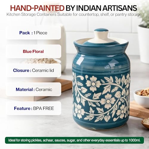 Image of Sky Blue Floral Ceramic Handglazed Pickle Jars Set of 1-1000 ML Each | 1 kg Achaar Martban Barni Jar with Lid | Ceramic Storage Jar Container Pickle, Chatney