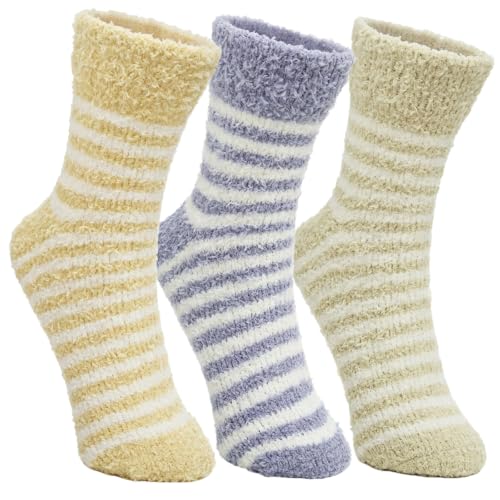 Women Fuzzy Striped Socks 3 Pairs Warm Winter Soft Fluffy Crew Socks