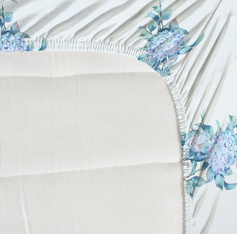 Image of NHD HOME Premium Cotton Elastic Fitted Bedsheets with 2 King Size Pillow Covers | Double Bed with All Around Elastic 220 TC Supersoft |Size-72 King Sizex78+10 inches | Floral, White & Aqua