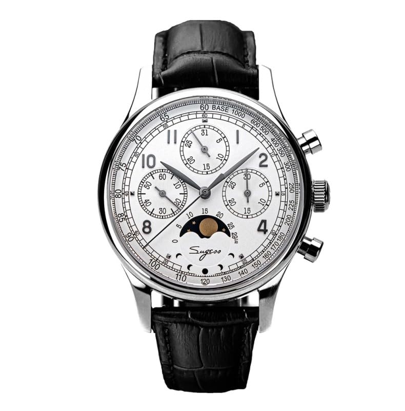 Seestern Sugess S389 Fase Lunare Crono Meccanico Acciaio Bianco Nero Pelle Orologio Uomo