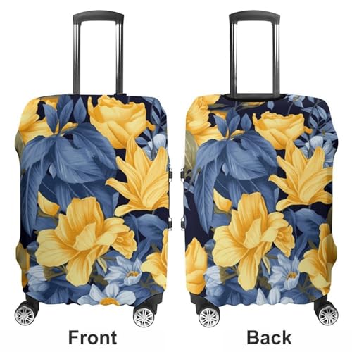 Blue Base Yellow Floral Printed Luggage Cover Protector, Fits 18-32 Inch Luggage3