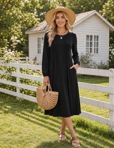 Image of Zeagoo Fall Dresses for Women Long Sleeve Midi Dress Casual A Line Dresses 2026 Pleated Flare Dress with Pockets