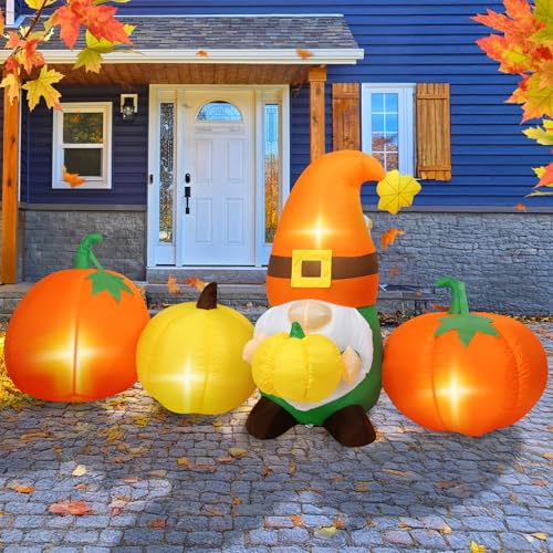Kitticcino Fall Inflatables Outdoor Decorations 5 FT Blow Up Gnome with Pumpkins Yard Decorations Built-in LED Lights for Fall Autumn Harvest Thanksgiving Halloween Yard Home Garden Lawn Decor