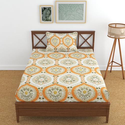 Image of KAWI Single Bedsheet Elastic Fitted (72 inchX 48 inch Size Mattress) Soft Glace Cotton Single Bed Size with 1 Pillow Cover - Peach Floral Colour
