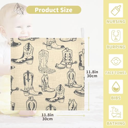 Image of Cowboy Boots Baby Muslin Washcloths Face Towel, Western Burp Cloths Cotton Wipes 3 Pack Infant Wash Cloth for Newborn Boys Girls 12x12 inches
