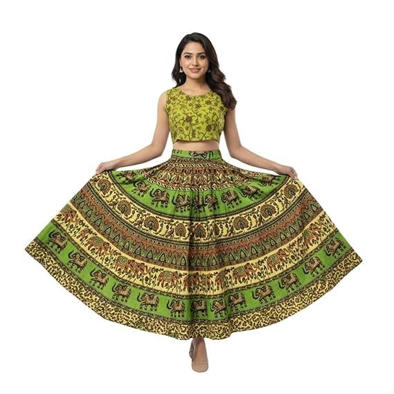 Image of HARSHITA-Enterprises Jaipuri Women's Cotton Printed Elastic Long Skirts