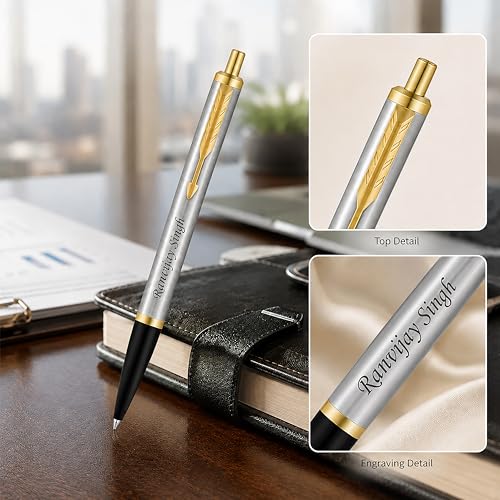 Image of SAVRI Customized Parker roller pen with name - Shiny Chrome with Gold Trim - Personalized Name Engraved Pen - Executive Pen for clients, Management, Graduation, & Corporate Gifting