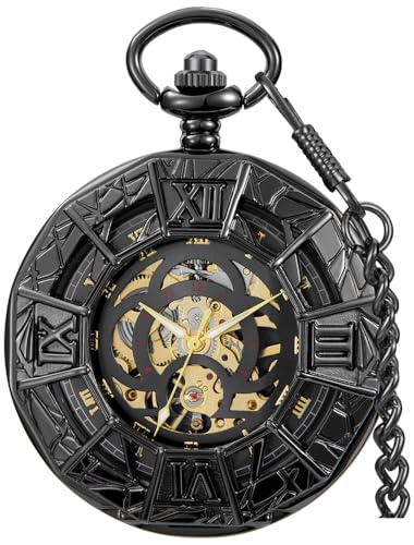Image of Men's Mechanical Hollow Design Hand Wind Pocket Watch Roman Numerals Steampunk with Chain Box