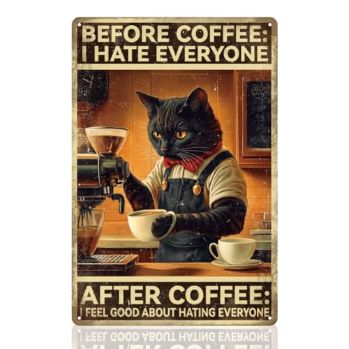 DOODLREAM Panneau de décoration murale en métal vintage avec chat noir, « Before Coffee I Have Everyone After Coffee », affiche en métal vintage pour...