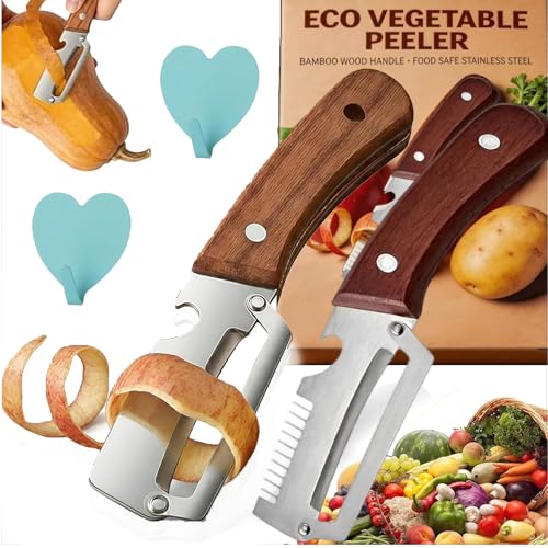 2 Stück Zero snag holzschäler 2026 Upgrade Edelstahl Zero flex schäler 3 in 1 Multifunktionaler gemüseschäler sparschäler mit holzgriff und Flaschenöffner für Gemüse Obst mehr (2-C)
