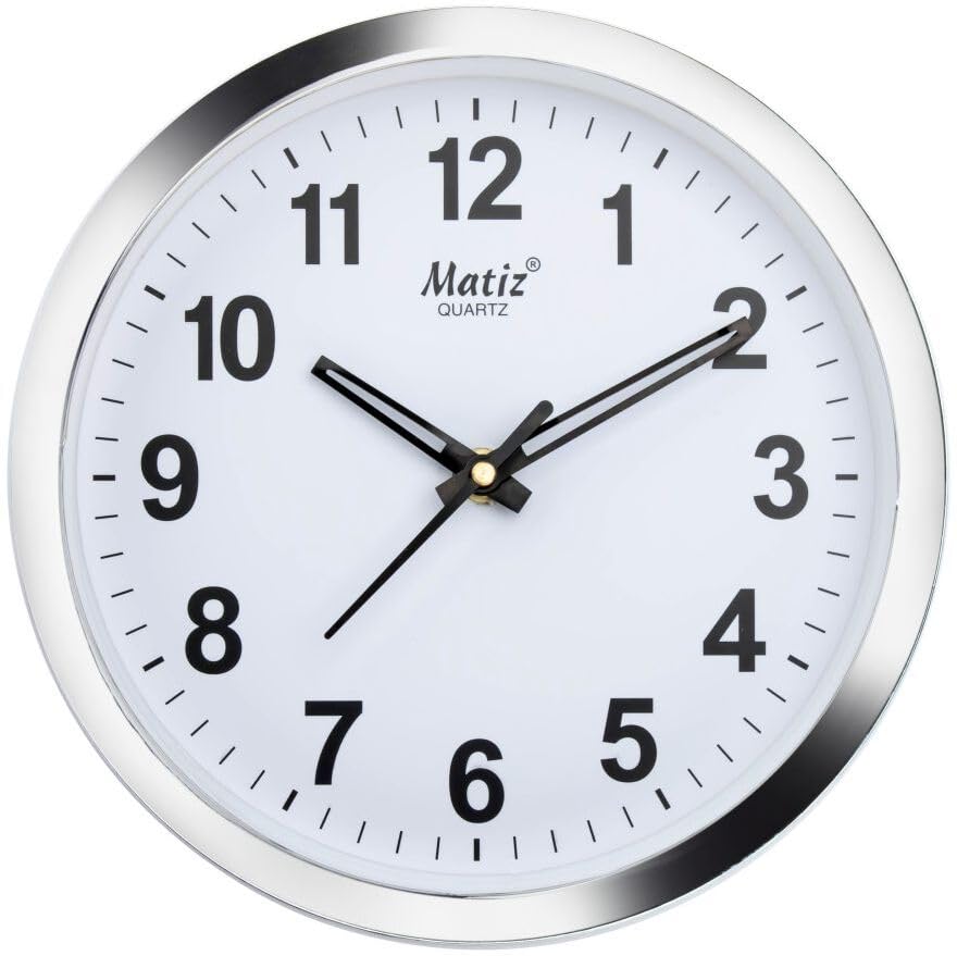 Matiz 101 Round Wall Clock Silver Color Plastic Case White Dial Analog for Living Room Home Decorations Office (Size: 20 x 20 CM)