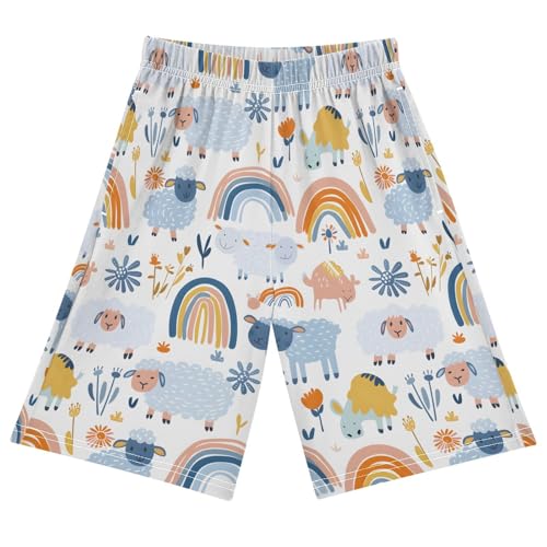 ALAZA Cute Sheep Rainbow Blossom Pajama Shorts Elastic Waist Casual Sleep Shorts with Pockets Size 6-14